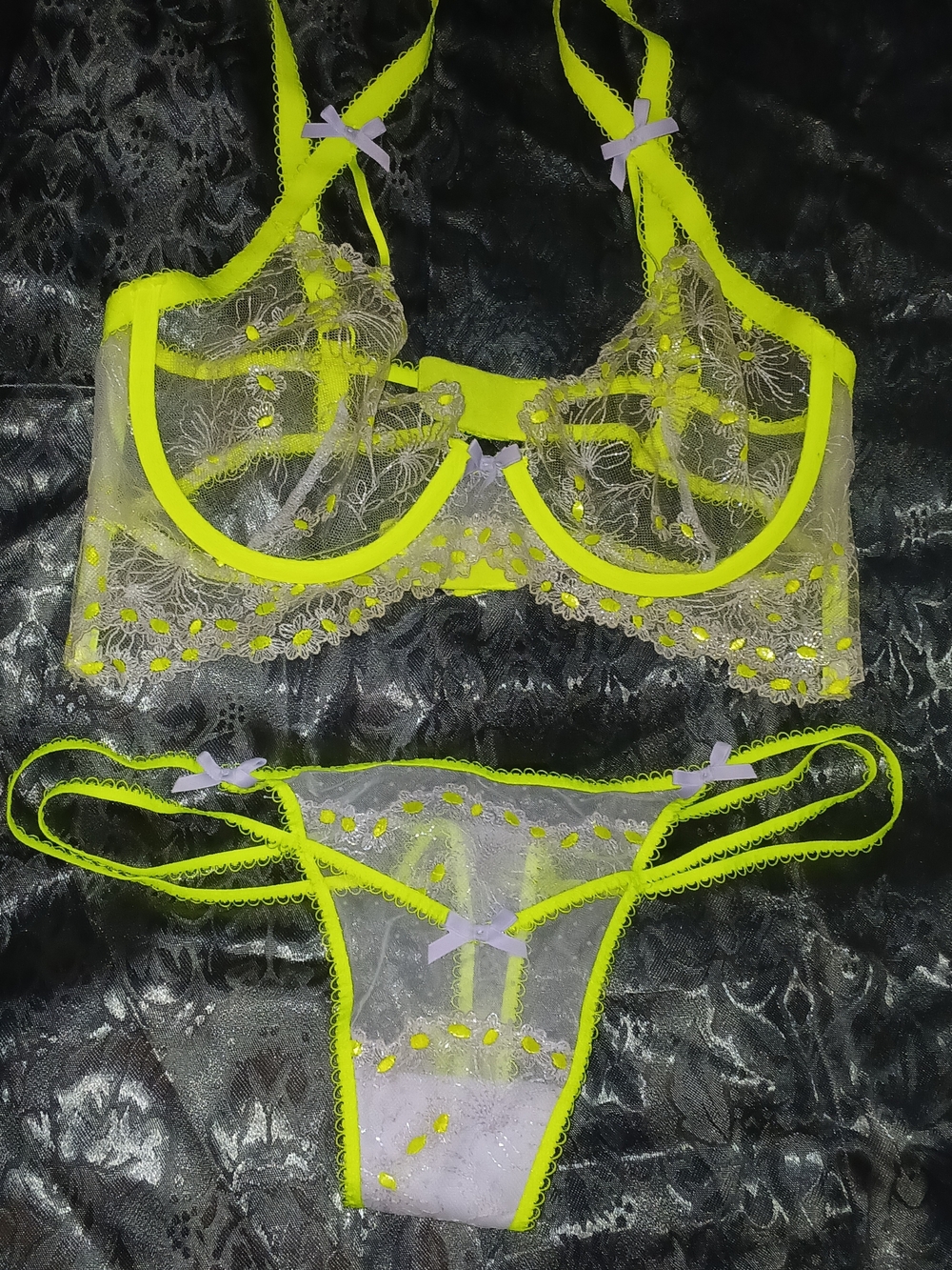 For Love And Lemons Neon Yellow & Lavender Lace Underwire Bra and Thong Set